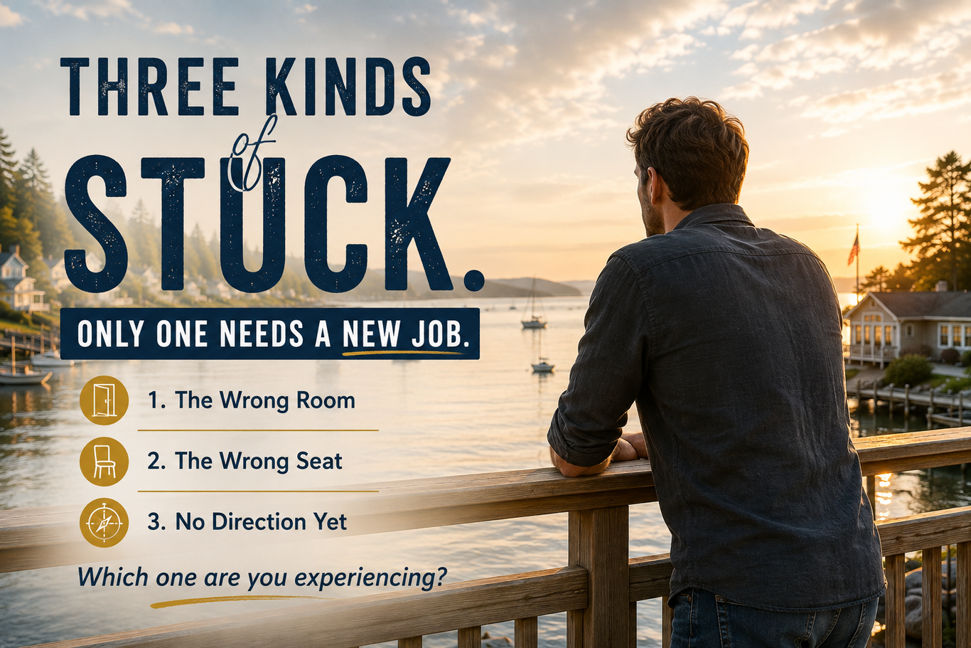 Featured image for Three Kinds of Stuck, showing a man overlooking Brighthaven Bay and three reasons people may feel stuck in their jobs.